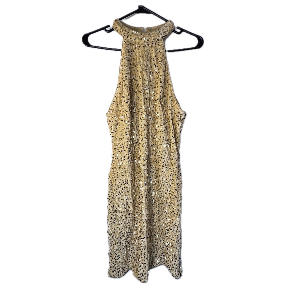 NWT Kaei&Shi Gold Sequin Velvet Halter Mini Dress Party Cocktail XL - Picture 6 of 7